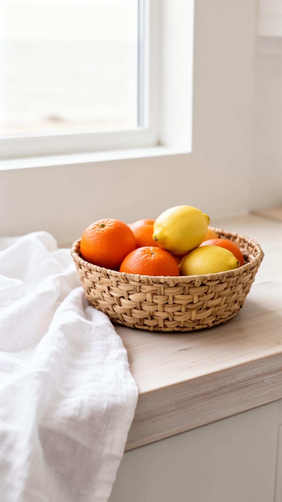 Citrus and linen on a sunlit coastal counter